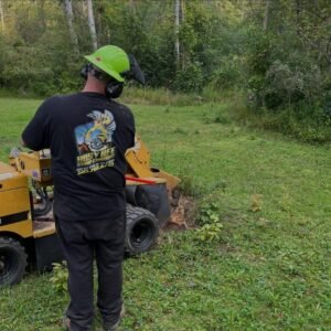 A professional is operating a small machine on the grass, providing stump grinding and removal services in your area.